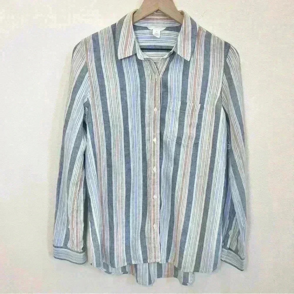NWT Caslon Women’s Linen Blend Button-Up Striped Nordstrom Shirt Size X-Small - Picture 1 of 12